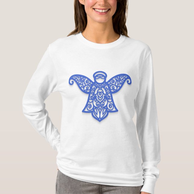 Camiseta Blue Filigree Angel Silhouette Ornate Lace (Anverso)