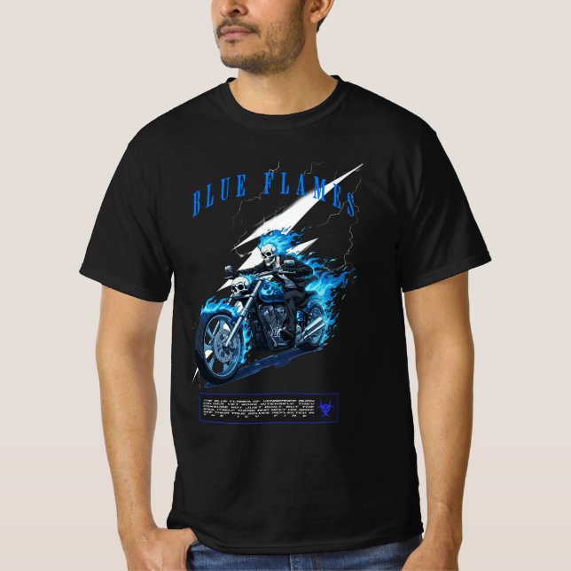 Camiseta Blue Flames Motorcycle Design | Skull Rider (Anverso)