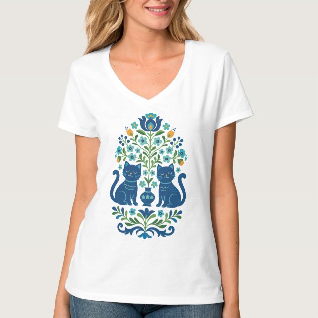 Camiseta Blue Folk Art Cats – Whimsical Floral Cat Design i (Anverso)