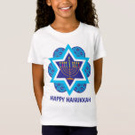 Camiseta Blue Happy Hanukkah<br><div class="desc">Feliz Hanukkah en tonos azules con menorah amarilla y la estrella de David en un fondo. velas coloridas. Genial como regalo. 

¡Te deseo feliz Hanukkah!</div>