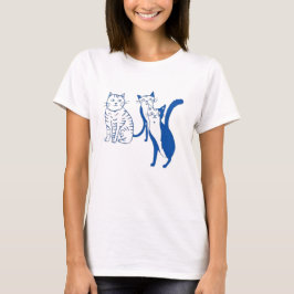 Camiseta Blue Line Art Cat T-Shirt, Black Cotton Crewneck