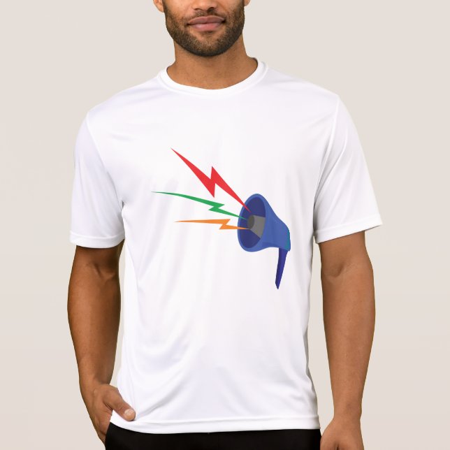 Camiseta Blue Megaphone with Colorful Lightning Bolts (Anverso)