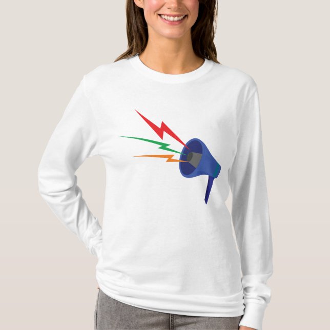 Camiseta Blue Megaphone with Colorful Lightning Bolts (Anverso)