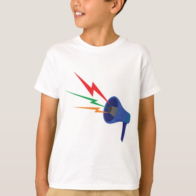 Camiseta Blue Megaphone with Colorful Lightning Bolts (Anverso)