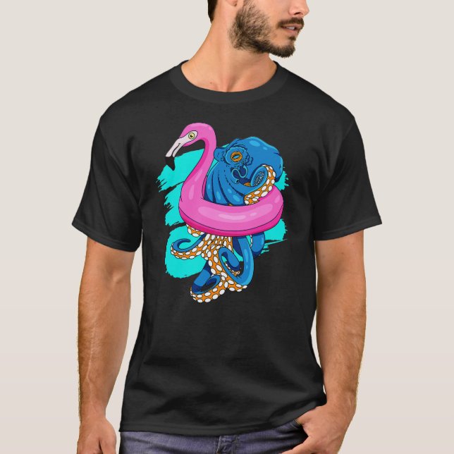 Camiseta Blue Octopus In Pink Flamingo Swimming Pool Fun Oc (Anverso)
