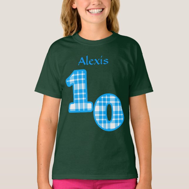 Camiseta Blue Plaid 10.º Nacimiento Nombre personalizado 2 (Anverso)