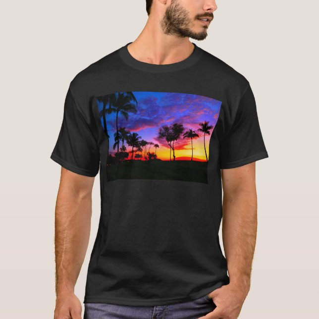 Camiseta Blue Red Sunset Exotic Hawaiian Beach Palm Trees (Anverso)