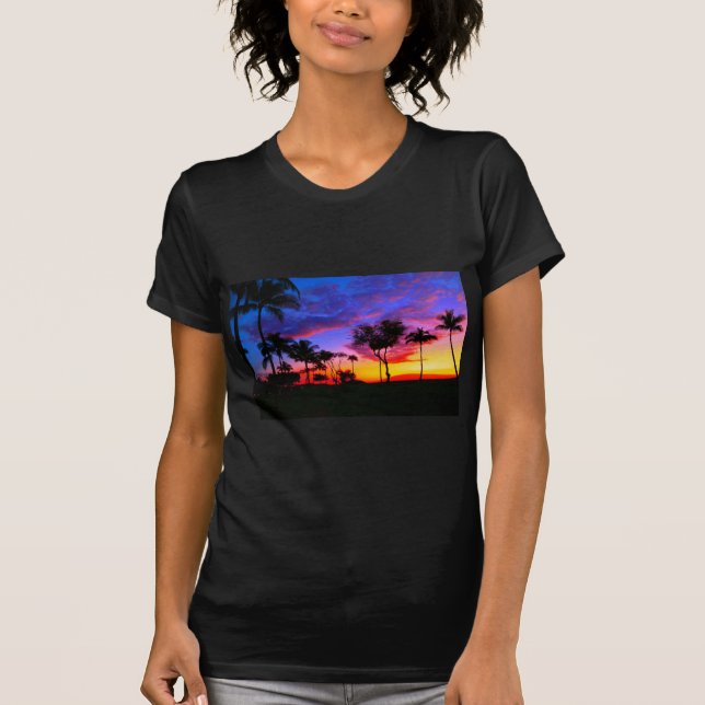 Camiseta Blue Red Sunset Exotic Hawaiian Beach Palm Trees (Anverso)