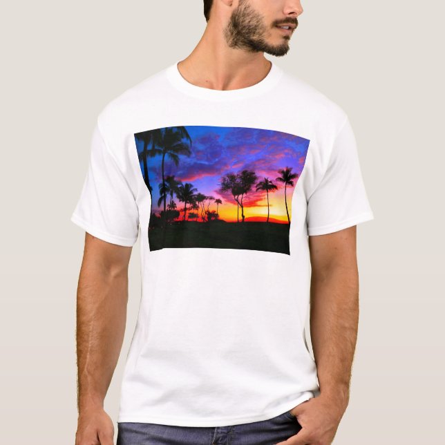 Camiseta Blue Red Sunset Exotic Hawaiian Beach Palm Trees (Anverso)