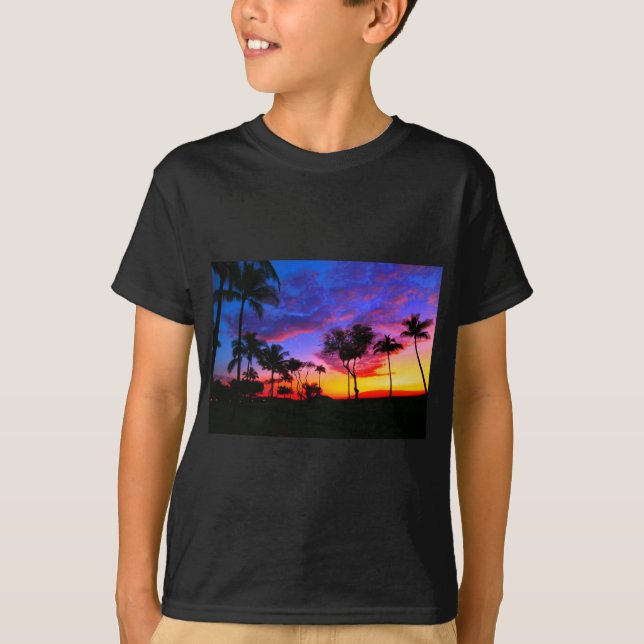 Camiseta Blue Red Sunset Exotic Hawaiian Beach Palm Trees (Anverso)
