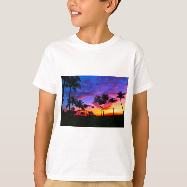 Camiseta Blue Red Sunset Exotic Hawaiian Beach Palm Trees (Anverso)