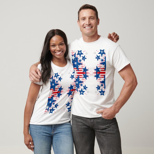 Camiseta Blue Stars (A white t-shirt featuring a vibrant design of red, white, and blue stars and stripes.  )