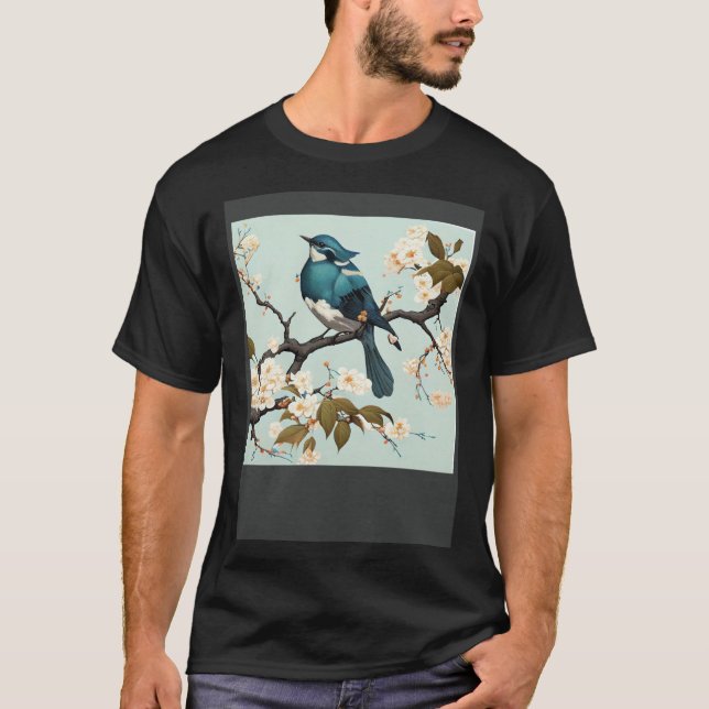 Camiseta Blue waxbill Bird in Japanese white Cherry Blossom (Anverso)
