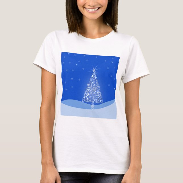 Camiseta Blue White Merry Christmas Tree Stars Night Light (Anverso)