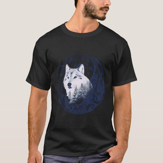 Camiseta Blue Wolf Yin Yang Mandala Forest Forest Forest Na (Anverso)