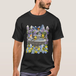Camiseta Bluebirds Goldfinches Bird Bath Flower Garden