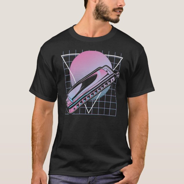 Camiseta Blues modernos Disco Harp Retro Harmonica (Anverso)
