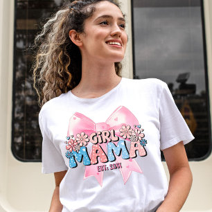 Camiseta Blush Rosa Coqueta Lazo Acuarela Floral Niña Mamá