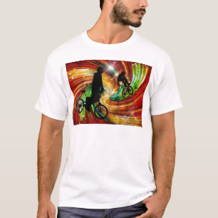 Camiseta BMXers en remolinos rojos y anaranjados del Grunge