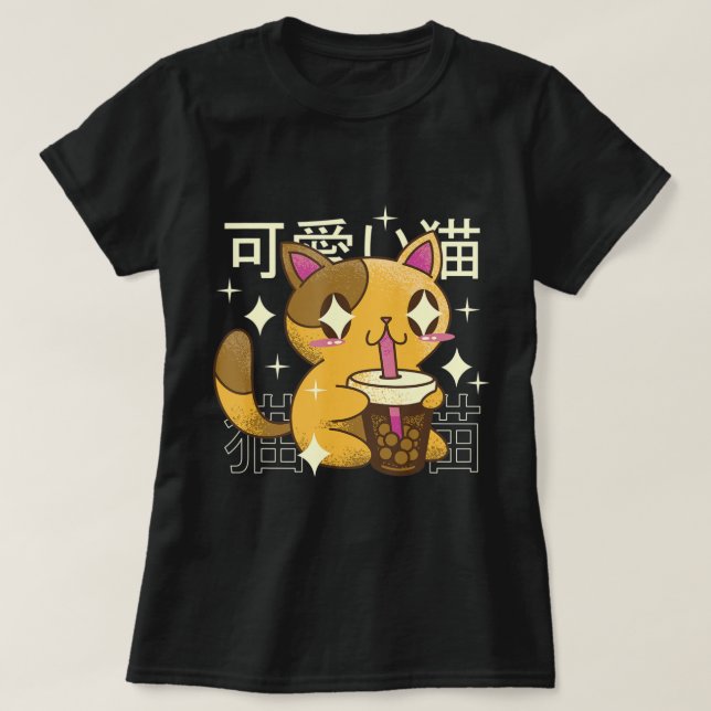 Camiseta Boba Cat Kawaii Anime Chicas de comida japonesa (Diseño del anverso)