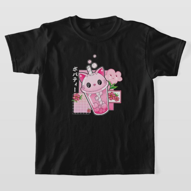 Camiseta Boba Tea Cat Bubble Tea Kawaii Anime Chica japonés (Distribución)