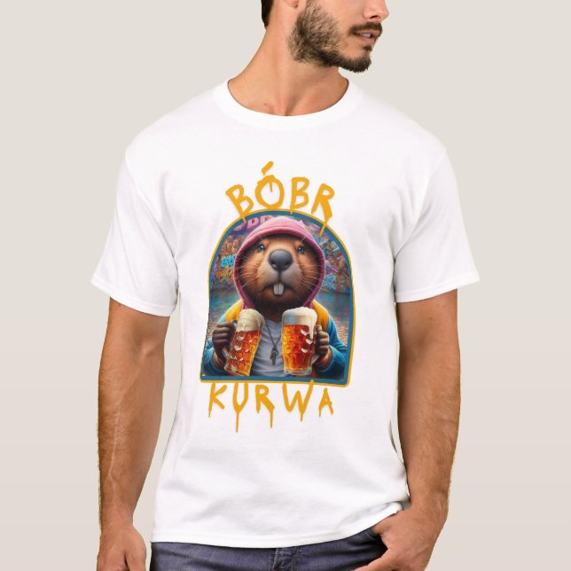 Camiseta Bóbr Kurwa Bebiendo cerveza (Anverso)