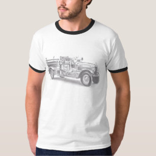Camiseta boceto a lápiz de camión de bomberos antiguo dibuj