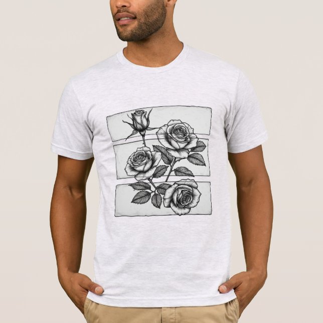 Camiseta Boceto de panel botánico de triple rosa intrincada (Anverso)