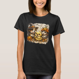 Camiseta Boceto de perro y gato de Halloween alimentando a