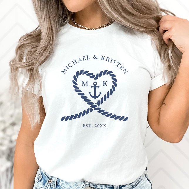 Camiseta Boda de Anclaje Cardíaco de Cuello Azul Blanco y N (White & Nautical Blue Rope Heart Anchor Wedding T-Shirt)
