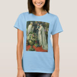 Camiseta Boda de cosecha, novia y novio con Menorah<br><div class="desc">Imagen de la ceremonia del amor al ilustracion vintage y boda romántico que presenta a una pareja casada en una hermosa sinagoga con vidrieras,  flores y una menorah de siete ramas. La novia lleva un vestido largo y blanco boda y el novio es guapo en su esmoquin.</div>