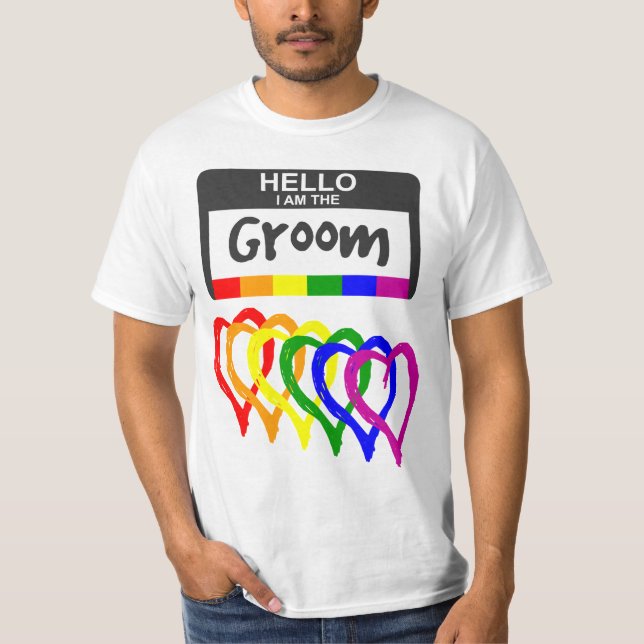Camiseta Boda de distintivo de nombre de crema de arco iris (Anverso)