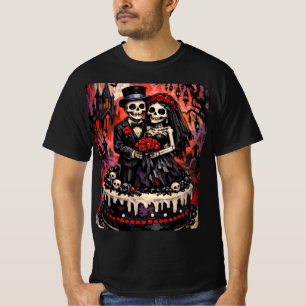 Camiseta Boda de Esqueletos, Amantes Góticos se Abrazan