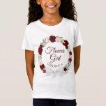 Camiseta Boda de flor de flores rojo borgoña<br><div class="desc">Esta linda camiseta está diseñada como un regalo o un favor para su boda chica de flores. El diseño presenta una corona de rosas acuarelas pintadas a mano en tonos burdeos, rojos y rosa rubor con texto de escritura que dice "Niña flor" y un lugar para su nombre. Perfecta manera...</div>