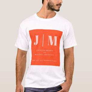 Camiseta Boda minimalista naranja rosa simple monogramada