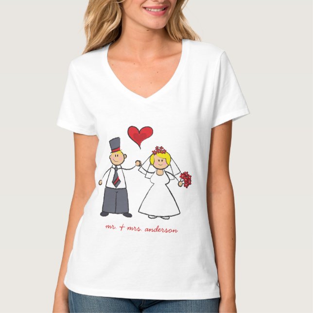 Camiseta Boda personalizado Pareja Novia y Corazón Rojo Gro (Anverso)
