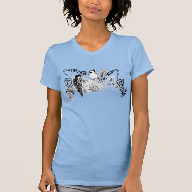 Camiseta Boda Rústico de Pájaros de Carpintero (Anverso)