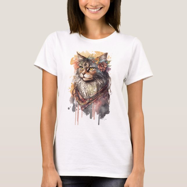 CAMISETA BOHO ABSTRACT WATERCOLOR CAT CON FLORES (Anverso)