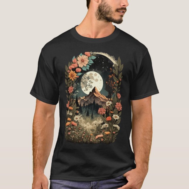 Camiseta Boho Chic Floral Moon Mountain Forest Nature Retro (Anverso)