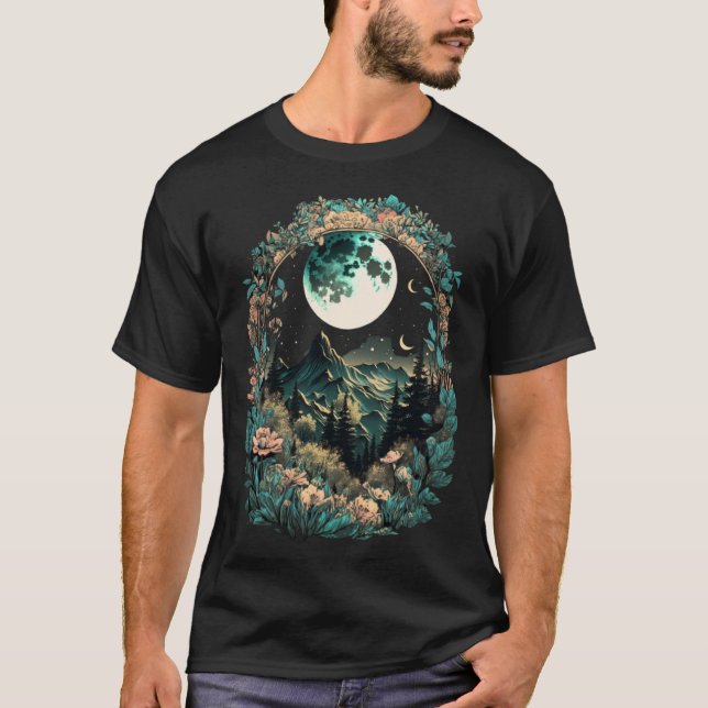 Camiseta Boho Chic Floral Moon Mountain Forest Nature Retro (Anverso)