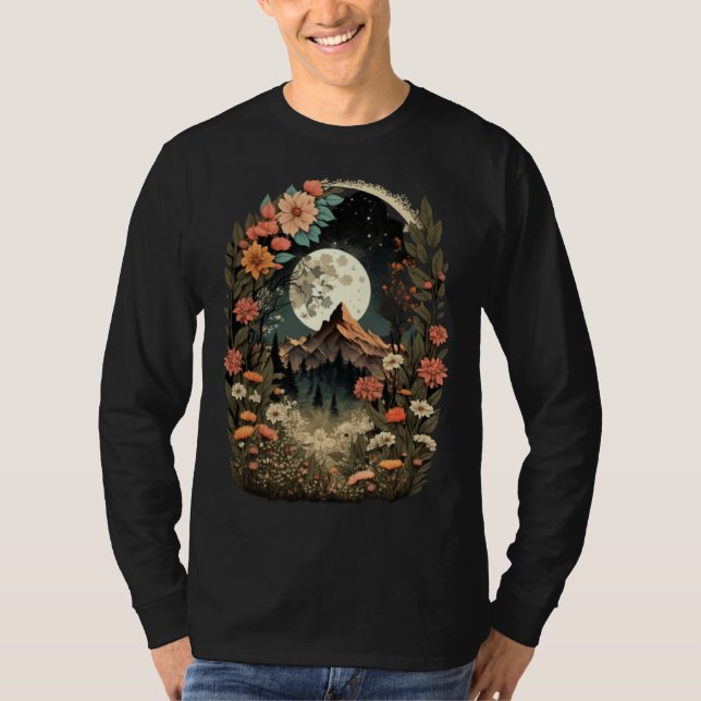 Camiseta Boho Chic Floral Moon Mountain Forest Nature Retro (Anverso)