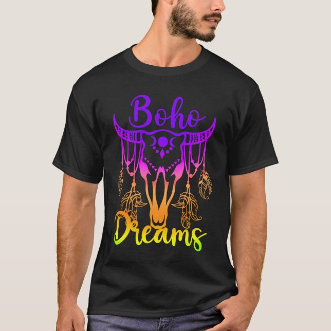Camiseta Boho Dreams Cattle Skull Feathers Bright Rainbow O (Anverso)