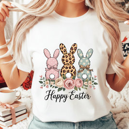 Camiseta Boho Floral Conejos Felices de Pascua Lunares Leop