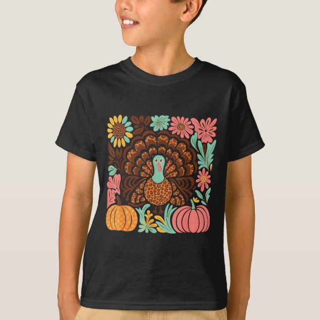 Camiseta Boho Floral Fall Turkey Pumpkin Thanksgiving Girl  (Anverso)