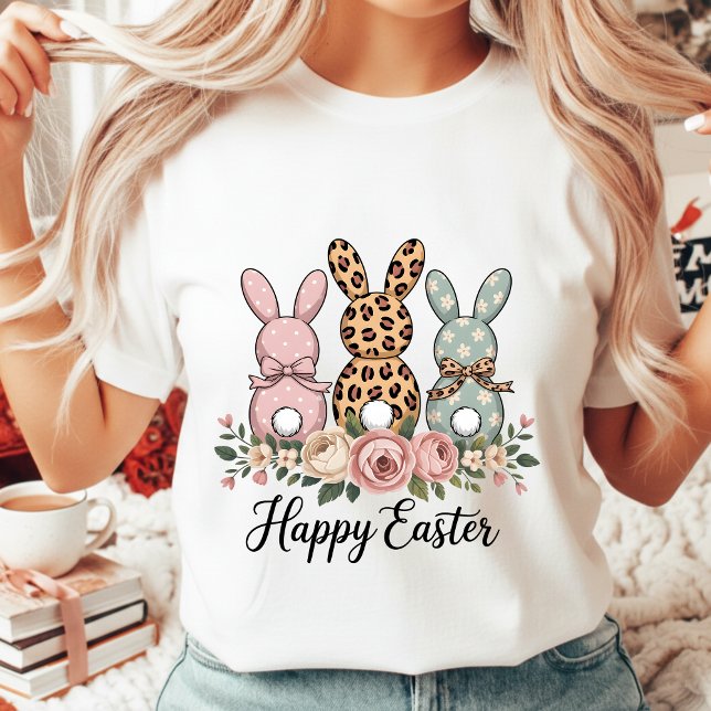 Camiseta Boho Floral Happy Easter Bunnies Leopard Polka Dot (Subido por el creador)