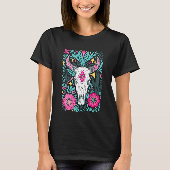 Camiseta Boho Floral Occidental Cráneo de Vaca Howdy Vaquer (Anverso)