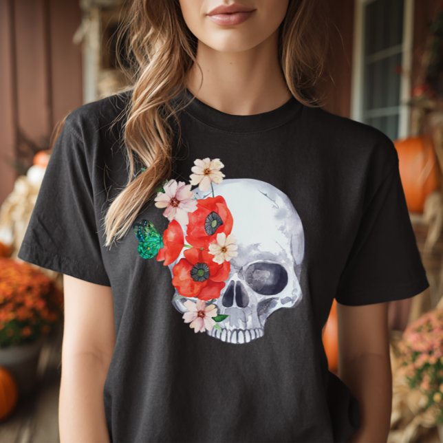 Camiseta Boho Floral Skull (Boho Halloween Skull Shirt)