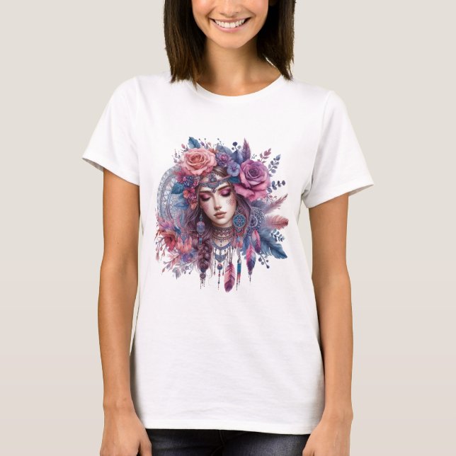 Camiseta Boho Mandala T-Shirt – Floral Feathers  (Anverso)