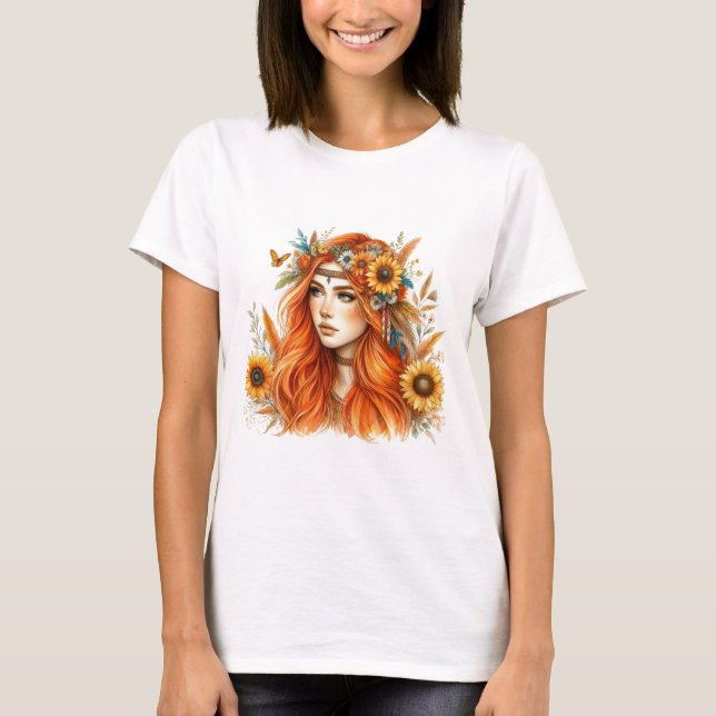 Camiseta Boho Mandala T-Shirt – Floral Feathers  (Anverso)