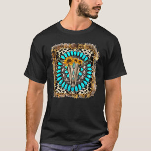 Camiseta Boho Occidental Cráneo de Toro Vaca Turquesa Leopa